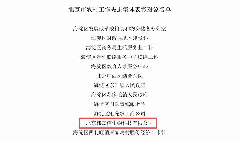 喜報(bào)！偉杰信生物榮獲 “北京市農(nóng)村工作先進(jìn)集體” 稱號(hào)